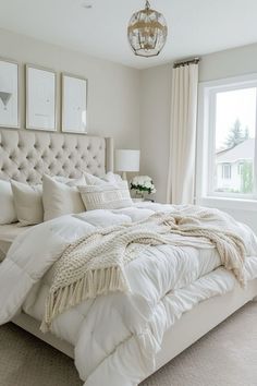 a white bed sitting in a bedroom next to a window with pictures on the wall