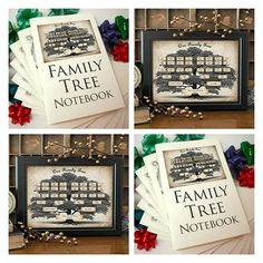 four pictures of family tree notebooks with ribbons