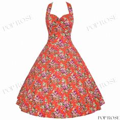 Stunning Long Gown with Soft Fabric and Adjustable Neckline Red Halter Neck Dress For Garden Party, Retro Rose Print Spring Dresses, Retro Rose Print Summer Dress, Red Rose Print Dress For Spring, Red Floral Print Cotton Dress, Retro Red Wedding Dress, Vintage Red Dress For Garden Party, Vintage Sleeveless Rose Print Dress, Fitted Retro Rose Print Dresses