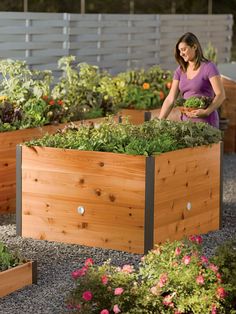 a woman standing next to several wooden planters filled with plants and vegetables in them