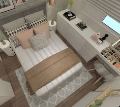 this is an aerial view of a bedroom