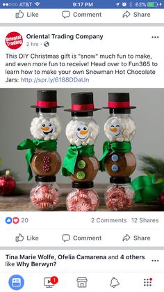 an instagram page with three snowmen in top hats and scarfs on them