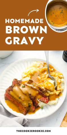 homemade brown gravy on a plate with mashed potatoes and gravy