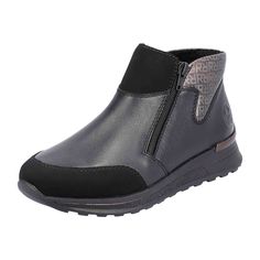 Rieker HWK Women's Boots, Black Rieker HWK Women's Boots - Black Stay stylish and comfortable with these Rieker HWK Women's Boots. Perfect for the colder seasons, these boots feature a warm lining to keep your feet cozy. The smooth leather upper and wide fit provide both durability and comfort. The practical zip closure makes them easy to put on and take off. With a sleek design and a low heel, these boots are versatile for various outfits and occasions.   Color: Black  Heel Height: 3.5cm  Heel Shape: Flat  Shoe Width: Wide (H)  Removable Insole: Yes  Sole Color: Black  Closure: Zipper  Season: Autumn/Winter  Material: Smooth Leather  Lining Material: Textile  Insole Material: Textile & Synthetic  Sole Material: PU   Keep your boots looking great by removing dust and dirt with a soft shoe