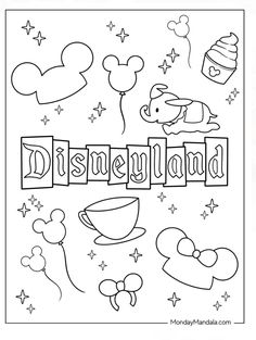 the word disneyland is surrounded by mickey mouses and other disney related items in black and white