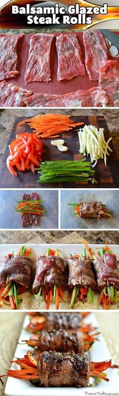 steak and carrots being prepared on a cutting board with the words balsami glazed steak