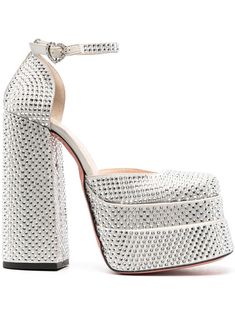 silver-tone calf leather crystal embellishment platform sole high block heel buckle-fastening ankle strap round toe Rhinestone Platform Heels, Dress Reference, Prompt Ideas, Tone Calves, Country Vibes, Crystal Embellishment, Platform Pumps, Beautiful Shoes, Platform Heels