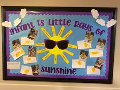 a bulletin board with pictures and sunglasses on it that says, inflatable is little rays of sunshine