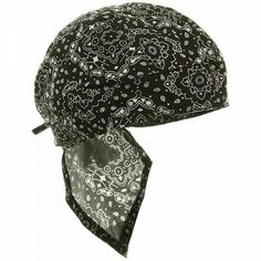 a black and white bandana hat with flowers on it