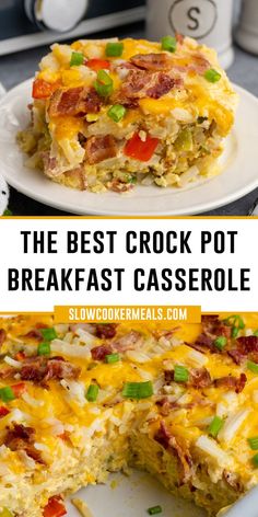 Close up of Crockpot breakfast casserole on a white plate. Crock Pot Breakfast Casserole, Crock Pot Breakfast, Frozen Hash Browns, Slow Cooker Breakfast Casserole, Crockpot Breakfast Casserole, Breakfast Casserole Recipe, Breakfast Crockpot Recipes, Best Breakfast Casserole, Eggs And Bacon