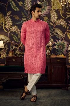 Hot pink georgette kurta with chikankari and thread embroidery. - Aza Fashions Pink Cutwork Straight Kurta, Festive Pink Kurta With Cutwork, Festive Pink Cutwork Kurta, Pink Chikankari Kurta, Georgette Kurta, Chikankari Kurta, Kurta Patterns, Kurta Men, Kurta For Men