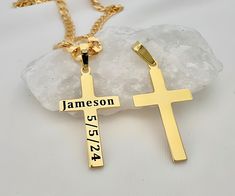 Our engraved gold Crosses are available with a range of chain lengths and different style. Our Gold Crosses have won praise from customers around the world. Check out our customer reviews. ITEM DETAILS: - 14 k gold over Sterling silver Cross. - 14 k gold filled and gold over sterling silver chains to be chosen from drop down menu. Need charms? http://etsy.me/1Njb7NM Classic Crosses  http://etsy.me/1JZ3tah Celtic Crosses  http://etsy.me/1Le9a5C Browse shop: https://www.MCACrossesJewelry.etsy.com Personalized Cross Pendant Jewelry For Memorial, Personalized Memorial Cross Jewelry, Customizable Gold Cross Jewelry, Personalized Gold Cross Jewelry Gift, Personalized Gold Cross Jewelry, Personalized 14k Gold Cross Jewelry, Celtic Crosses, Gold Cross Necklace, Silver Chains