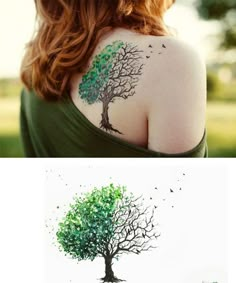 the back of a woman's shoulder with an image of a tree painted on it