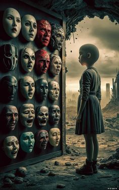 a woman standing in front of a wall with many masks on it's face