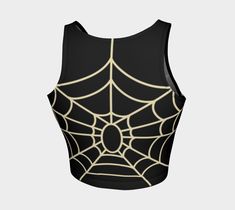 Goth Goul summer is here! This fun spiderweb print crop tank top features a vintage inspired ivory spiderweb print on black stretch fabric. This fabric is perfect for working out and you can even swim in it! These crop tops run small so I would size up. These are made to order and no discounts can be used and no returns. If you have any questions about size please email us prior to ordering. Please allow 2-3 weeks to ship your order. • Made from 88% polyester, 12% spandex performance knit fabric Black Sleeveless Crop Top For Halloween, Black Stretch Crop Top For Halloween, Black Stretch Tank Top For Halloween, Punk Crop Top For Halloween, Alternative Halloween Crop Top, Black Halloween Crop Top, Bat Crop Top, Spiderweb Crop Top Crochet, Spiderweb Top