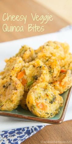 cheesy veggie quinoa bites on a green plate with blue and white napkin