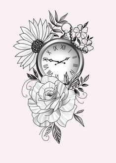 a black and white drawing of a clock with flowers on it's side, against a pink background