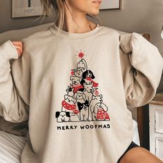 "Merry Woofmas Sweatshirt, Christmas Puppy Shirt, Christmas Dog Sweater, Dog Lover Gift, Christmas Dog Owner Gift, Dog Mom Shirt, Holiday Tee Thank you so much for taking the time to browse my shop. Please feel free to reach out if you have any questions before or after purchasing.  💖 🎨Warning: On products with a print chart in the listing, metallic print colors are printed as matte.✌✨ We design and cut each graphic out with a soft touch, use matte vinyl and a heat press. The result will last Dog Christmas Shirt Ideas, Dog Mom Christmas Shirt, Dog Mom Christmas, Winter Crew Neck Top With Dog Print, Merry Woofmas, Trendy Crew Neck T-shirt With Dog Print, Dog Owner Gift, Christmas Puppy, Dog Mom Shirt