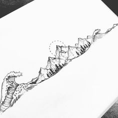 an ink drawing of a wave coming out of the ocean with mountains in the background