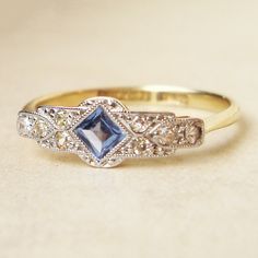 One of a Kind Art Deco Sapphire & Diamond Engagement Ring, Antique Sapphire Platinum and 18k Gold Ring, Approximate Size US 7.25. $658.00, via Etsy. Art Deco Engagement Ring Round Diamond, Yellow Gold Art Deco Ring, Sapphire Diamond Engagement Ring, Engagement Ring Antique, Bijoux Art Nouveau, Diamond Sapphire Engagement Ring, Sapphire Diamond Engagement, Ruby Rings