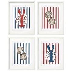 four framed art pieces with lobsters and seashells in red, white, and blue stripes