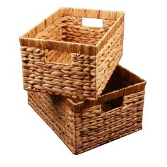 two wicker baskets sitting next to each other on a white background, one is empty