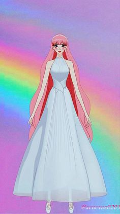 a woman in a white dress and red cape standing on a rainbow - colored background