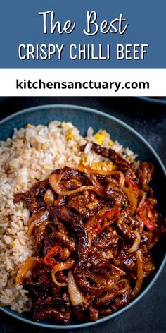 the best crispy chilli beef is served over rice