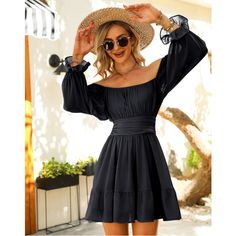 Size M New With Tag Off-shoulder Black Mini Dress For Beach, Black Off-shoulder Mini Dress For Beach, Black Off-shoulder Beach Mini Dress, Black Mini Length Summer Dress, Black Mini-length Summer Dress, Black Off-shoulder Mini Dress For Vacation, Black Mini Summer Dress, Black Summer Dress For Day Out, Black Dresses For Spring Brunch