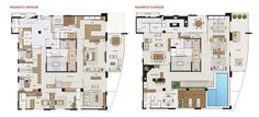 the floor plan for two story houses with different rooms and living areas, including an outdoor pool