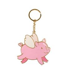 a pink pig keychain with an angel on it's back and wings