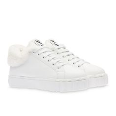 Gorgeous White Leather/Shearling Shearling-Lined Lace-Up Sneakers From Miu Miu Featuring Round Toe, Front Lace-Up Fastening, Logo Patch At The Tongue, Shearling Lining, Branded Insole, Debossed Logo And Flat Rubber Sole. Size Eu40. Designer Low-top Winter Sneakers, Miu Miu Sneakers, Debossed Logo, Miu Miu Shoes, Lace Up Sneakers, White Shoes, White Leather, Womens Shoes Sneakers, Miu Miu