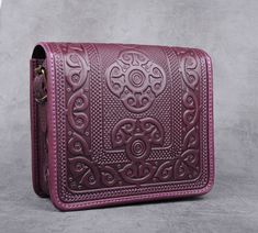 "Big leather purse, purple messenger bag, hot tooled purse, violet crossbody bag, purple shoulder bag, capacious leather bag, unique bag Model \"Lambs\" Impressive handmade bag made of premium 4 mm genuine calf leather, using rare technology of hot tooling. Executed in ethnic style, using geometric patterns. Great gift for true connosseuers of quality, handwork and distinctive style. Has one big compartment, one internal zip-pocket and one button pocket, e.g. for cell phone or keys. Dimensions: Purple Leather Shoulder Bag With Adjustable Strap, Purple Satchel Shoulder Bag With Mobile Phone Pocket, Purple Satchel Shoulder Bag With Mobile Phone Bag, Purple Satchel Shoulder Bag Gift, Handmade Purple Satchel Shoulder Bag, Purple Satchel With Mobile Phone Bag For Everyday Use, Purple Shoulder Bag, Purse Purple, Bag Model