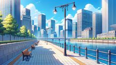 an anime scene with people sitting on benches near the water and buildings in the background