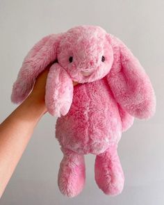 a pink stuffed rabbit is held up by someone's hand, against a white background