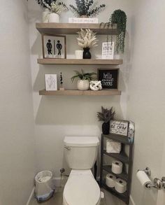 a white toilet sitting in a bathroom next to two shelves filled with plants and decorations