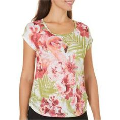 Coral Bay Offers Everyday, Classic, Casual Collections For Your Relaxed Lifestyle. This Top Features A Scoop Neckline And A Flamingo Print. Top Length Is Approximately 29 Inches, Measured From Back Of Neck To Bottom Of Garment. Bust Measures About 46 Inches. 100% Polyester. Machine Wash, Tumble Dry. Short Sleeve. Multi Colors: Has Green, Orange, Pink And Fuschia. The Print Is On Both Sides - Making Quite A Statement. Will Go With Most Any Bottom. Casual Cotton Tops With Flamingo Print, Casual Cotton Flamingo Print Tops, Casual Flamingo Print Tops For Spring, Casual Spring Tops With Flamingo Print, Summer Pink Flamingo Print Top, Pink Casual Tops With Tropical Print, Tropical Crew Neck Tops For Spring, Pink Tropical T-shirt For Spring, Florida Lifestyle