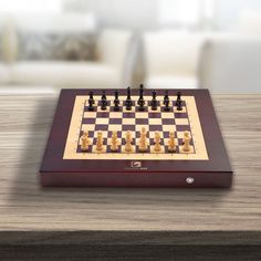 a wooden chess board with pieces on it