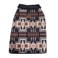 a black skirt with brown and white designs on the front, it is made out of fabric