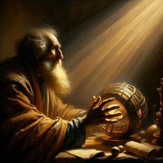 a painting of an old man holding a basket with light coming from it on top of a table