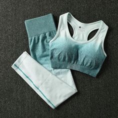 You are always looking for comfortable yet charming outfits. This gorgeous Ombre set comes with a top and leggings. It has an elastic waistband that offers support and maximum free movement. The top is specially designed to protect you from harsh movements. It makes a great fit for gym as well due to its durable material and quick-dry feature. Furthermore, it is breathable and contours your shape perfectly. Material: NylonSport Type: Yoga and FitnessFit: Fits true to sizePattern Type: SolidFeatu Gym Sportswear, Cute Workout Outfits, Outfit Yoga, Sports Bra And Leggings, Yoga Suit, Gym Clothes Women, Gym Clothing, Power Yoga, Gym Tops