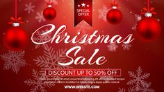 christmas sale banner with red balls and snowflakes on it, in front of a red background