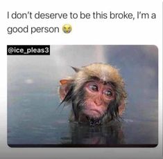 a monkey is swimming in the water with its mouth open and tongue out, saying i don't reserve to be this broke, i'm a good person @icee please?