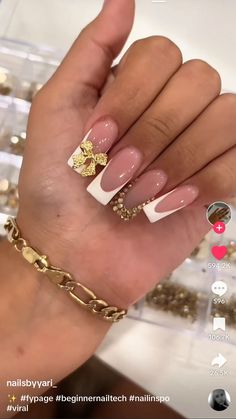 White Gold French Tip Nails, White French Tip With Gold, Medium Nails Acrylic Charms, Medium Square Acrylic Nails With Charms, White French Tip Nails With Gold Charms, White French Tip With Gold Charms, Nails Gold Charms, Gold Charm Nails Acrylic, Gold French Tip