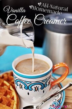 a cup of coffee is being poured into a waffle