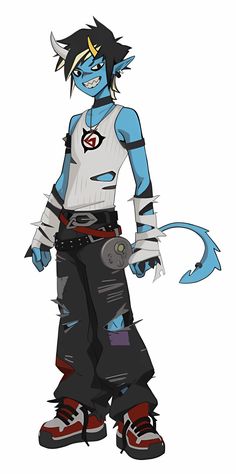 an image of a cartoon character with blue hair and black pants, standing in front of white