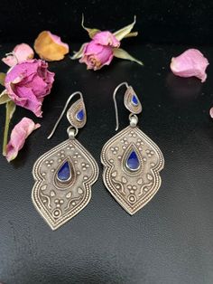 "Afghanistan, Afghan sterling silver Lapis lazuli earrings, Touch of Kuchi tribal jewelry Vintage spear earrings tribal jewelry Gotta love ethnic Jewelry. Length: 2 3/8\" It's All About You, Open studio most days from 10:00 to 5:00, DM, make an appointment to have an adventure in shopping. Yes ~ along with basic simplicity ~ It's all about you You deserve to know about my fabulous Treasure chest. Tribal Jewelry, Statement Piece Handmade Jewelry, Art to Wear, with Much Much More. Looking for more Sterling Silver Blue Earrings With Intricate Design, Blue Sterling Silver Earrings With Intricate Design, Traditional Blue Pendant Earrings, Blue Artisan Earrings With Oxidized Finish, Artisan Blue Earrings With Oxidized Finish, Spear Earrings, Lapis Lazuli Earrings, Pacific Grove, Jewelry Tattoo