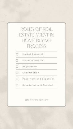 the real estate agent's checklist is shown in black and white on a beige background