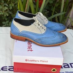 Bespoke Handmade Classic men Blue and Suede Leather Wingtip Oxford Dress Shoes on Storenvy