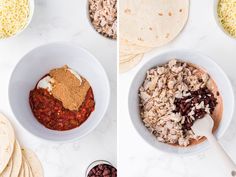 two pictures showing the process of making tortilla shells and then adding ingredients to make them